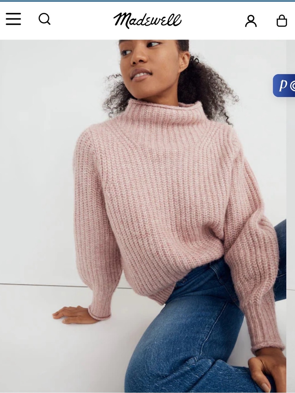 Madewell Loretto Mock Neck Pull Over Sweater in Blush Pink sz L $98